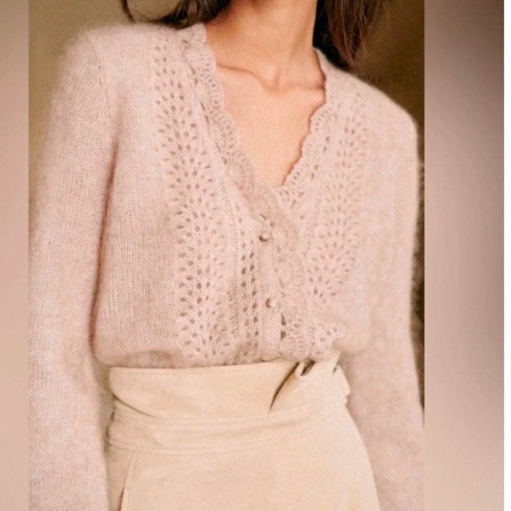 Sezane Soft Blush Lace-Knit Mohair Cardigan